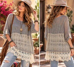 Krazy Kat Sz L Gray Mesh Lace Layered Tunic Top Boho Lagenlook Roll Tab Sleeves
